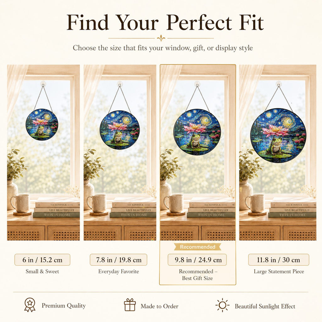 Size guide for the frog lotus stained glass suncatcher