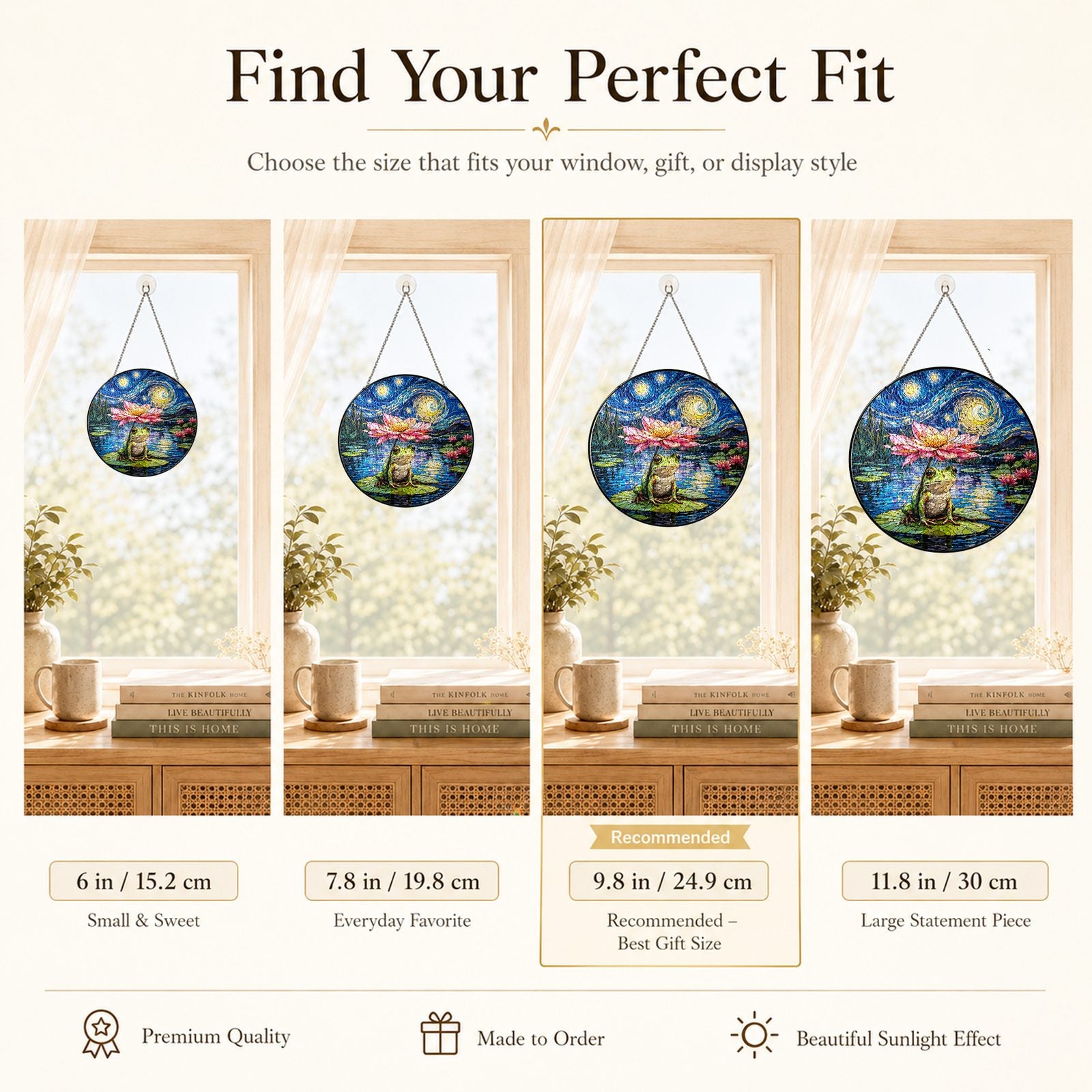 Size guide for the frog lotus stained glass suncatcher