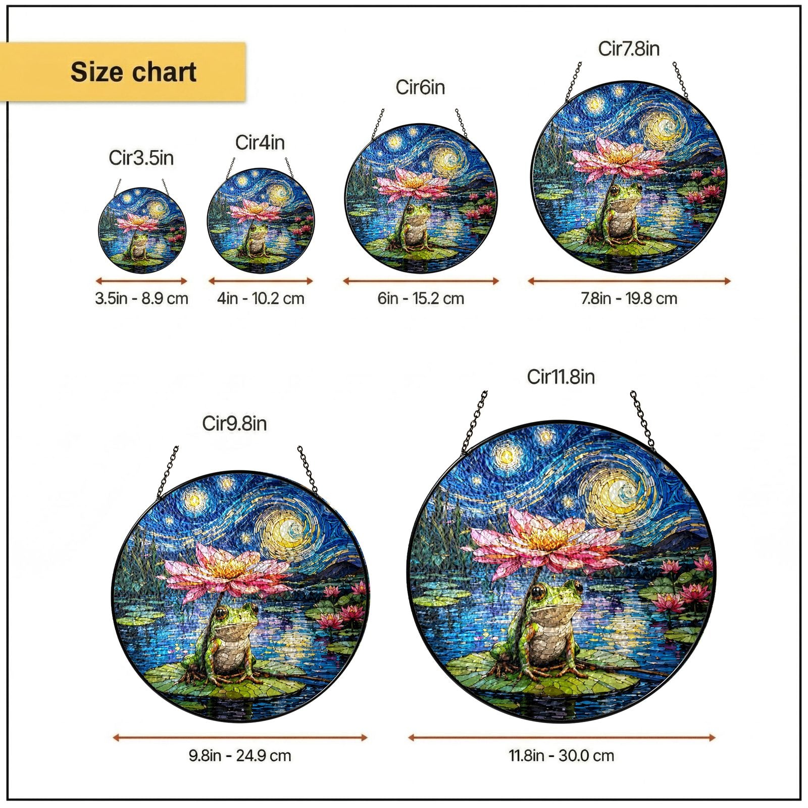 Size chart 6 in 7.8 in 9.8 in 11.8 in suncatcher