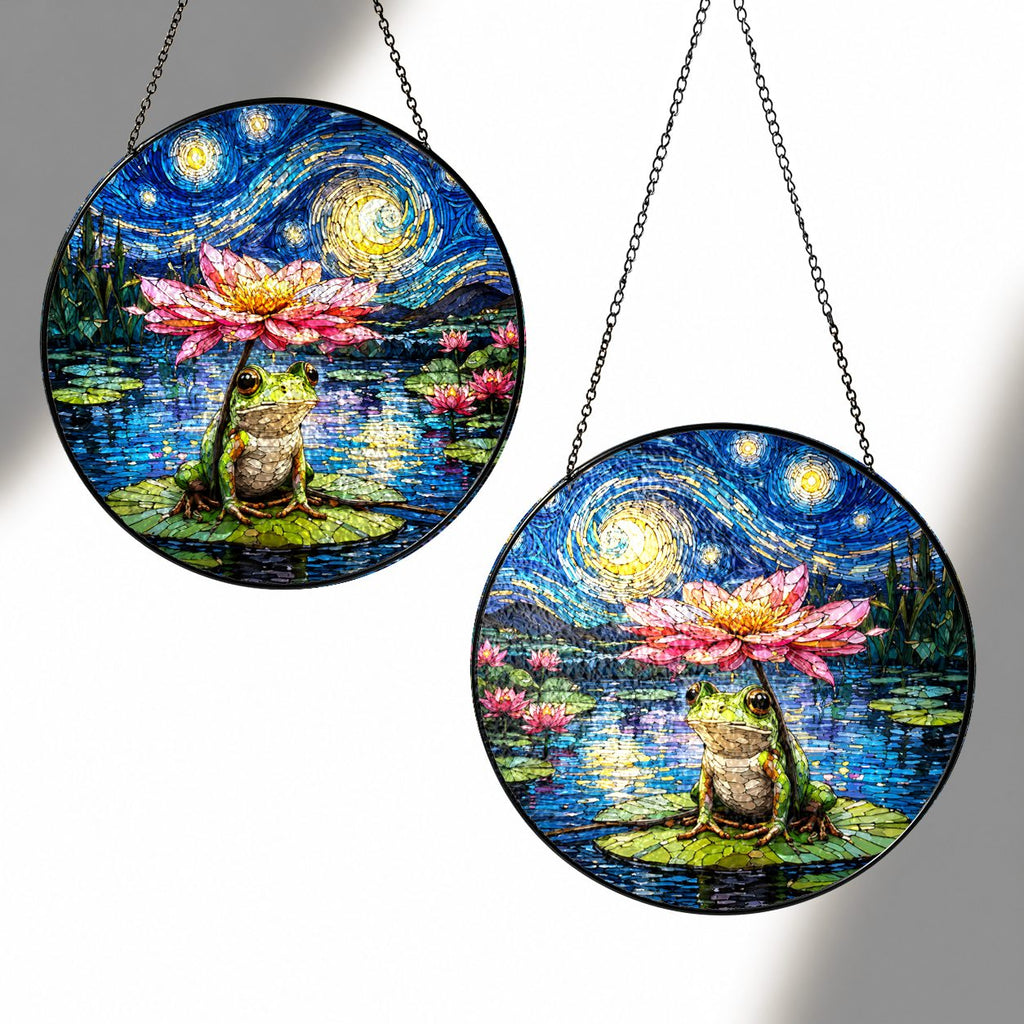 Two sizes of the frog lotus suncatcher side by side