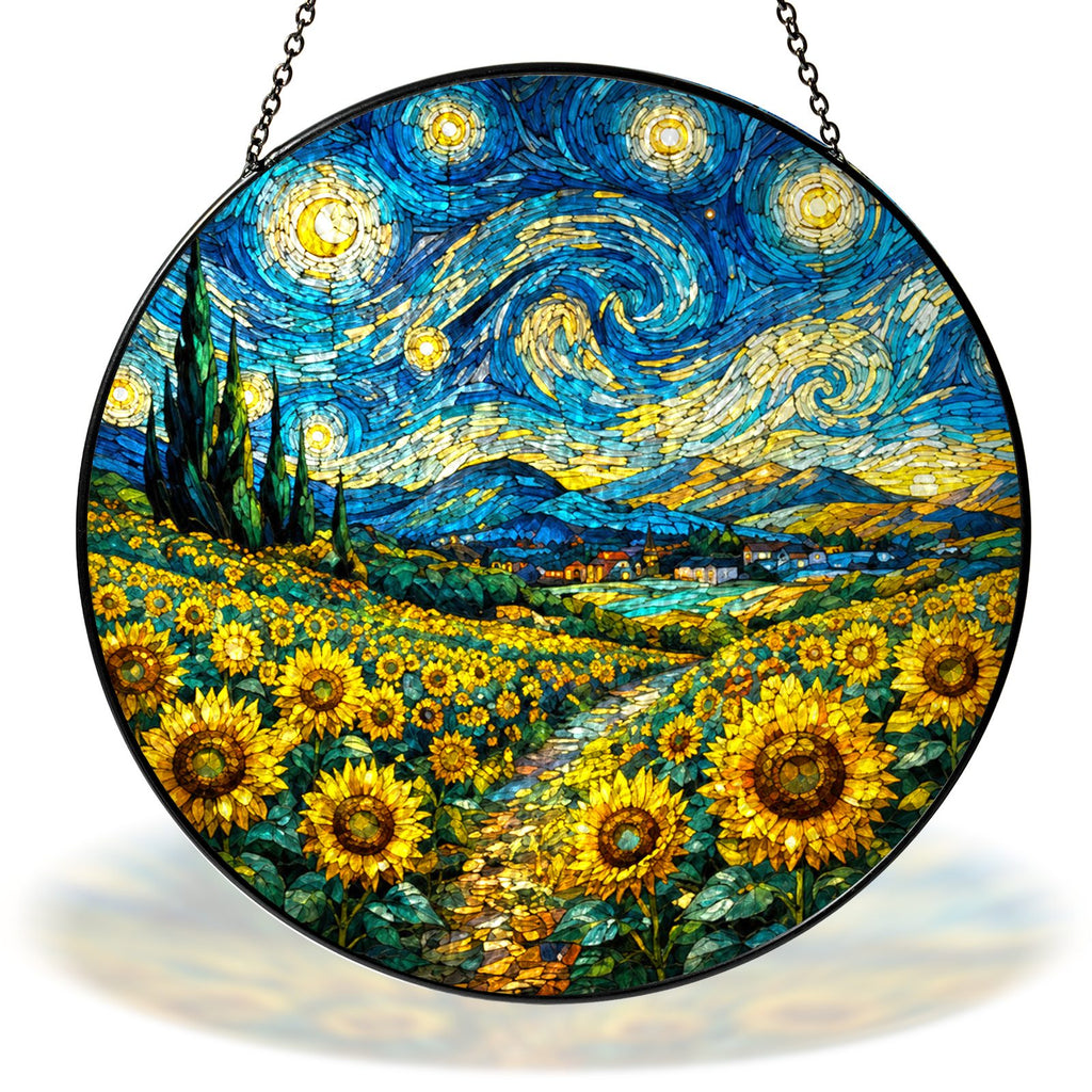 Starry Night sunflower field stained glass suncatcher with chain