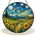 Starry Night sunflower field stained glass suncatcher with chain