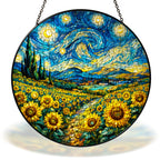 Starry Night sunflower field stained glass suncatcher with chain