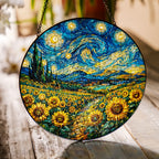 Sunflower field suncatcher on a wooden table in sunlight
