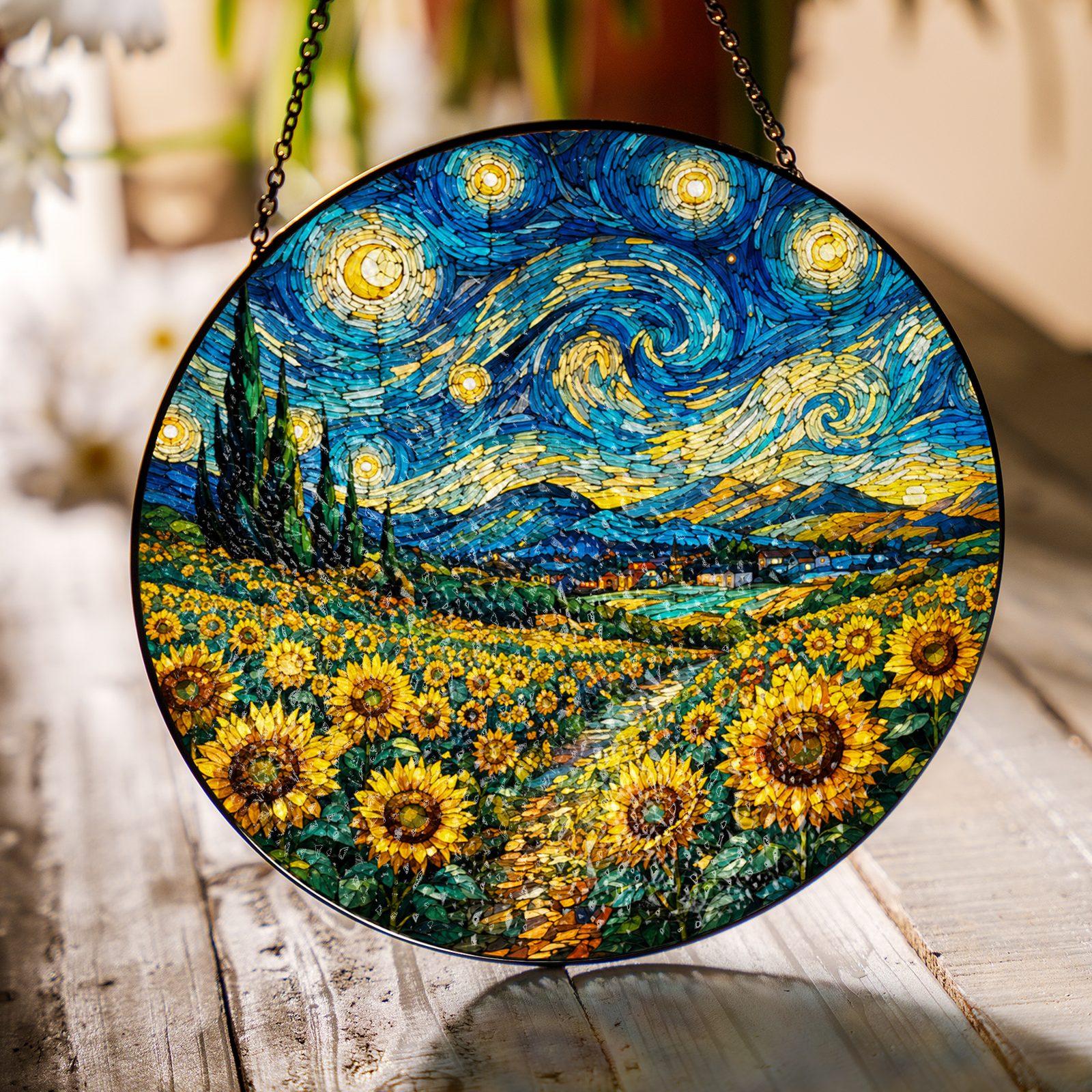 Sunflower field suncatcher on a wooden table in sunlight