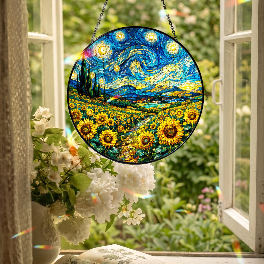 Sunflower field suncatcher hanging in an open window