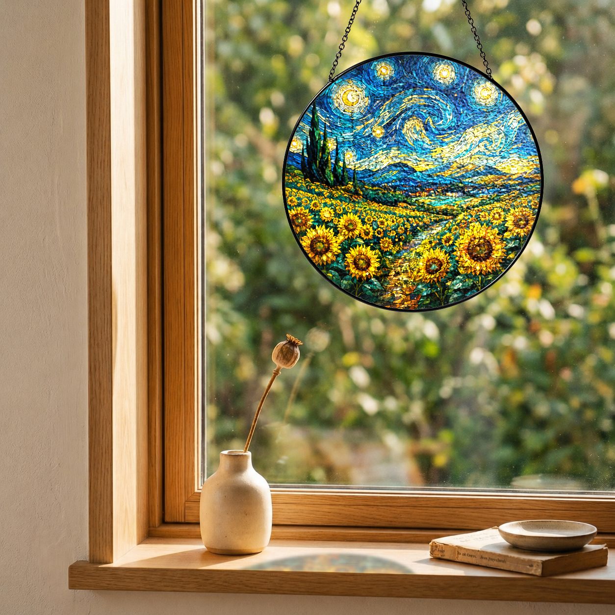 Sunflower field suncatcher on a windowsill