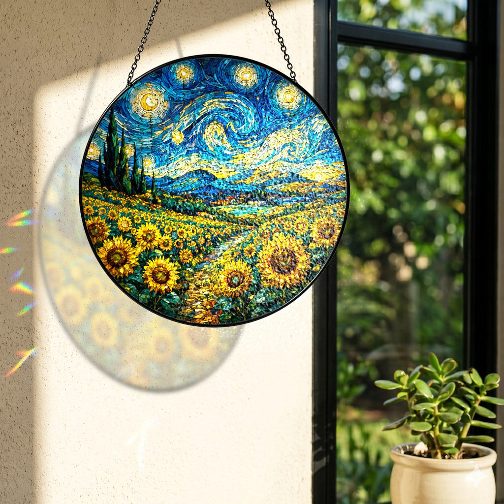 Rainbow light cast by the sunflower field stained glass suncatcher