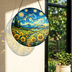 Rainbow light cast by the sunflower field stained glass suncatcher