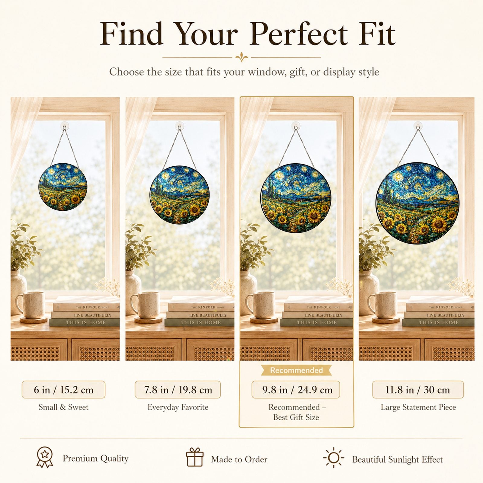Size guide for the sunflower field stained glass suncatcher
