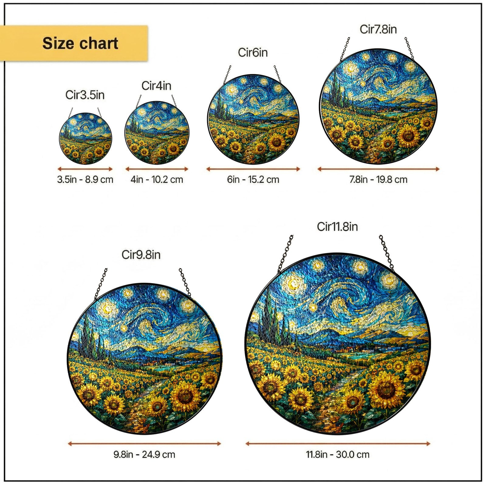 Size chart 6 in 7.8 in 9.8 in 11.8 in suncatcher