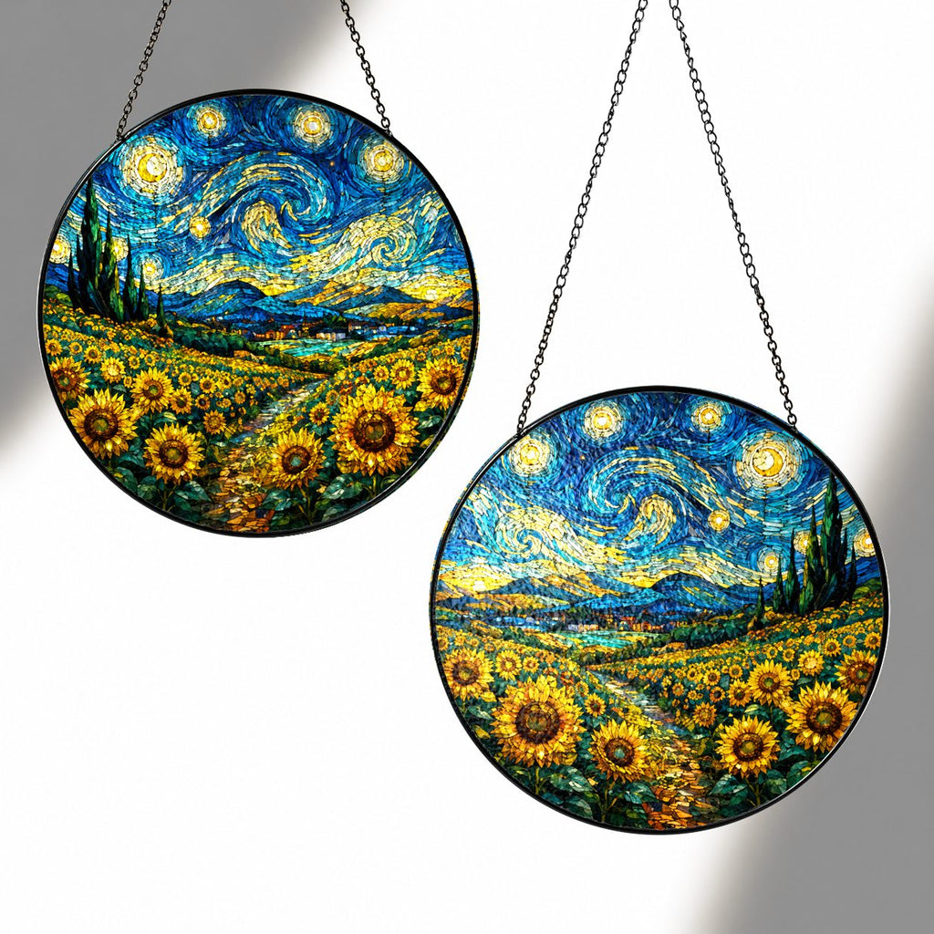 Two sizes of the sunflower field suncatcher side by side