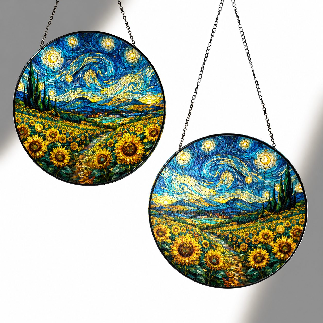 Two sizes of the sunflower field suncatcher side by side