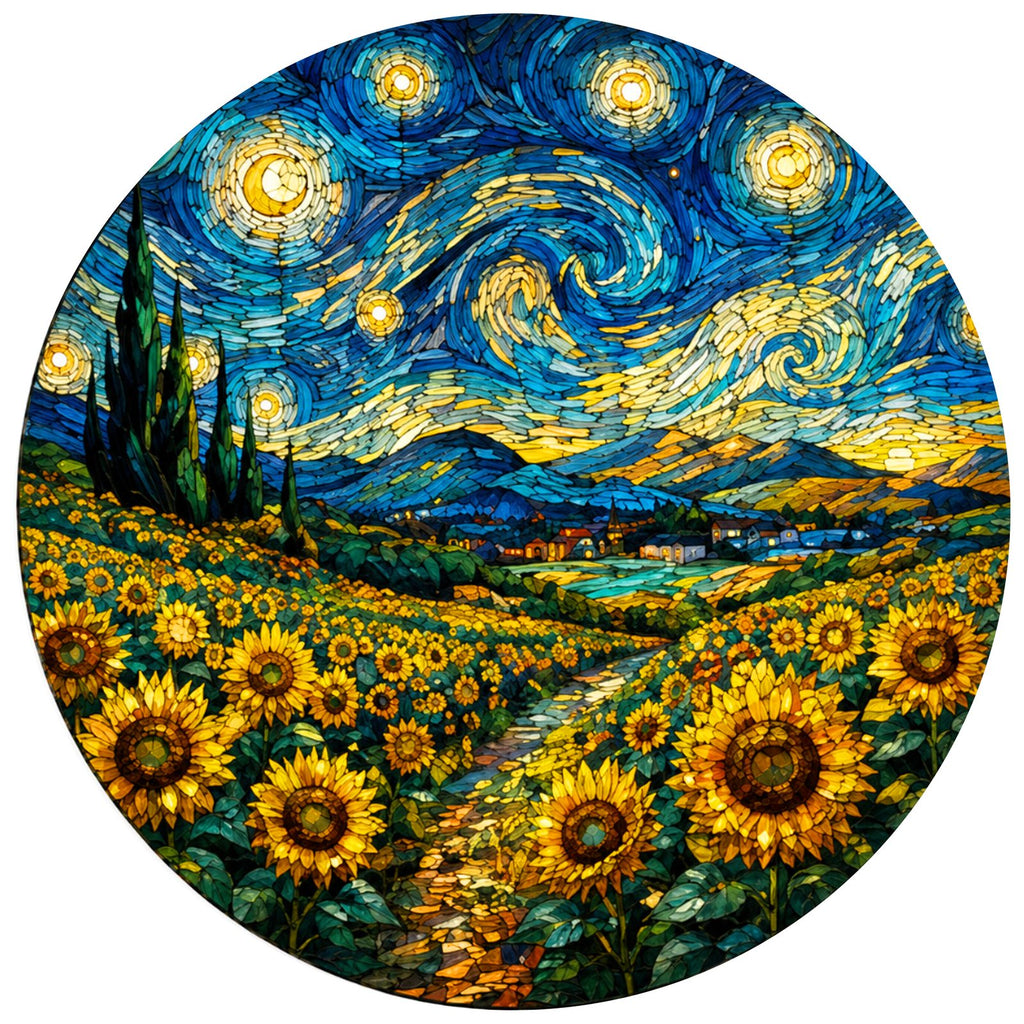 Full artwork of a sunflower field under a swirling starry sky