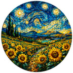 Full artwork of a sunflower field under a swirling starry sky