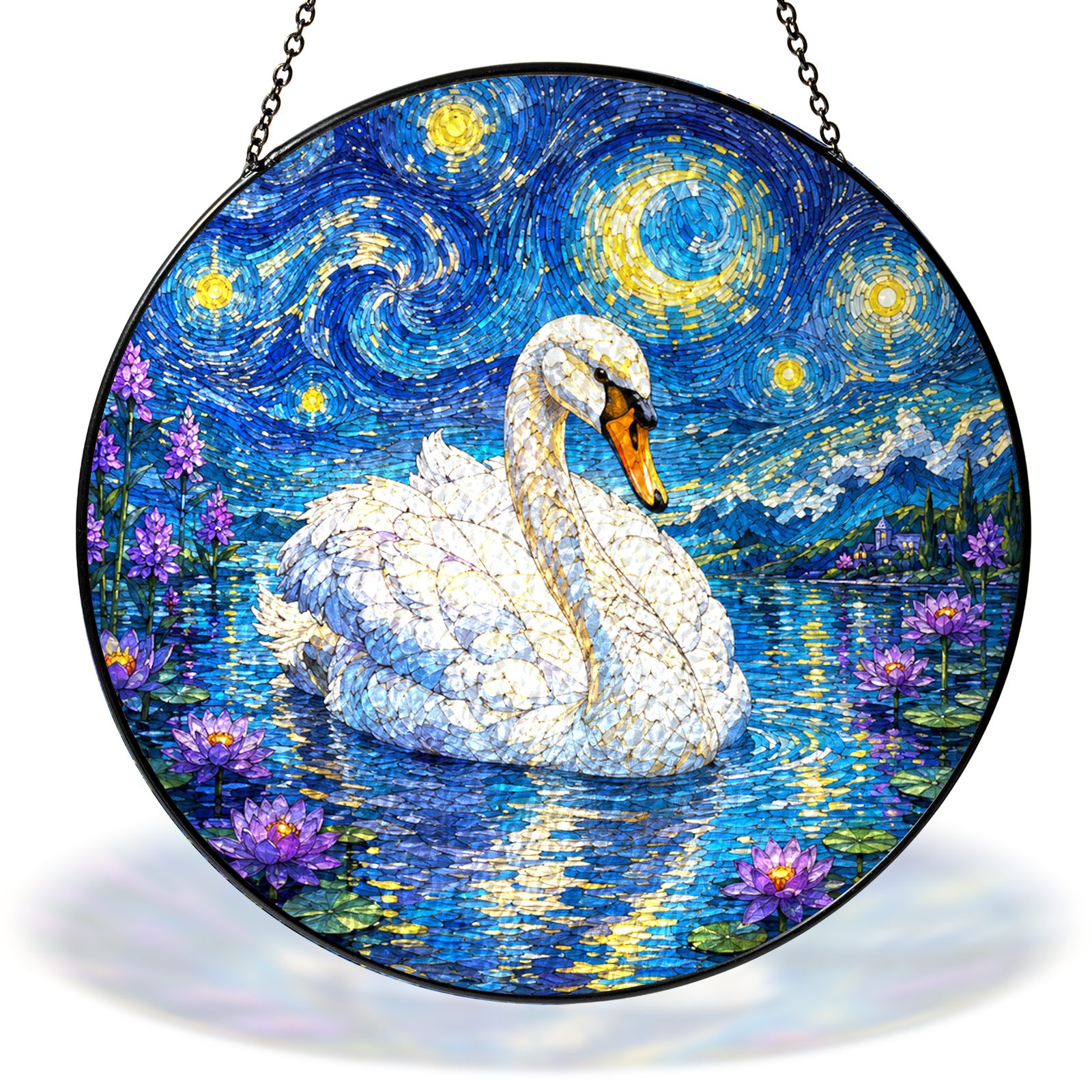 Starry Night swan on a lily lake stained glass suncatcher with chain