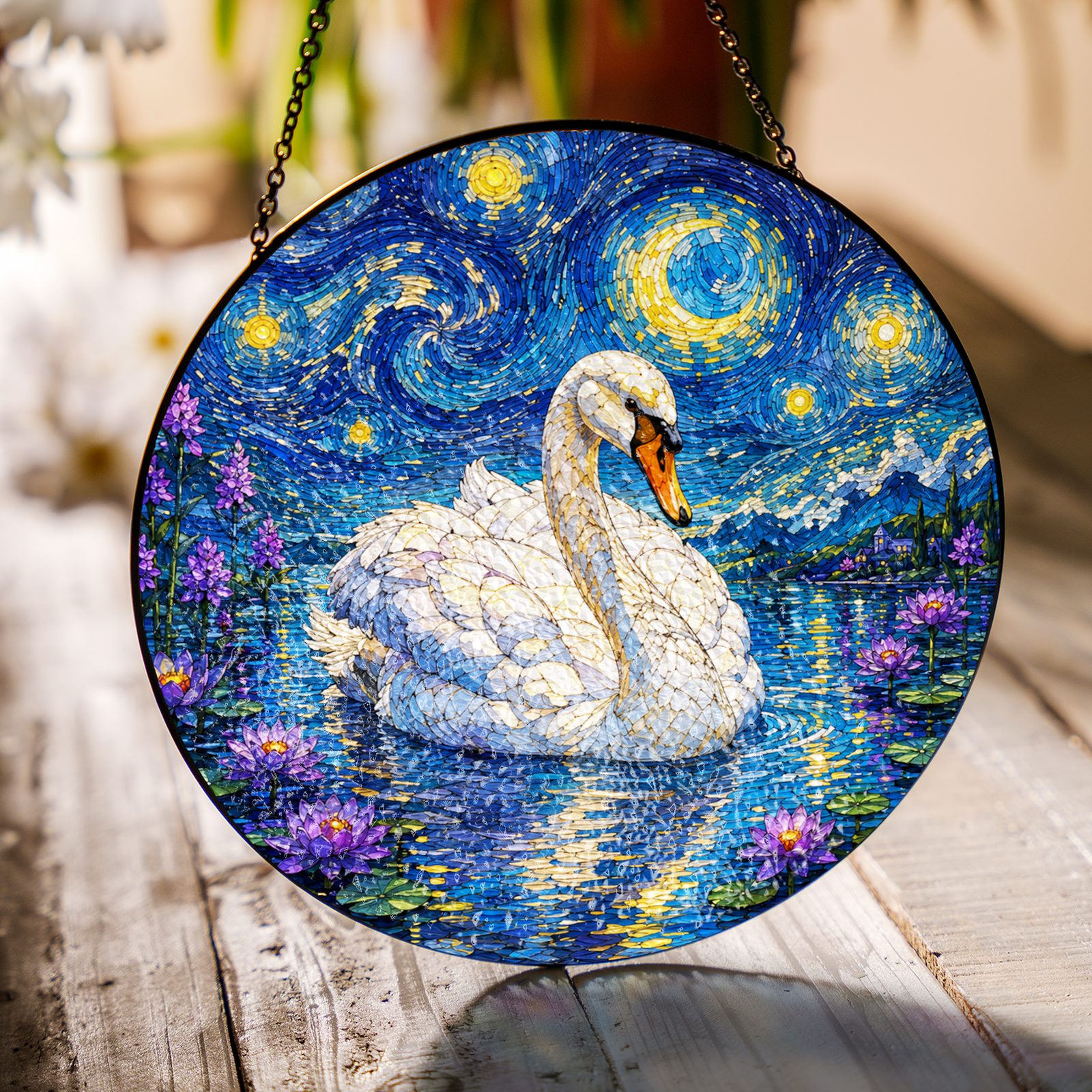 Swan lily lake suncatcher on a wooden table in sunlight