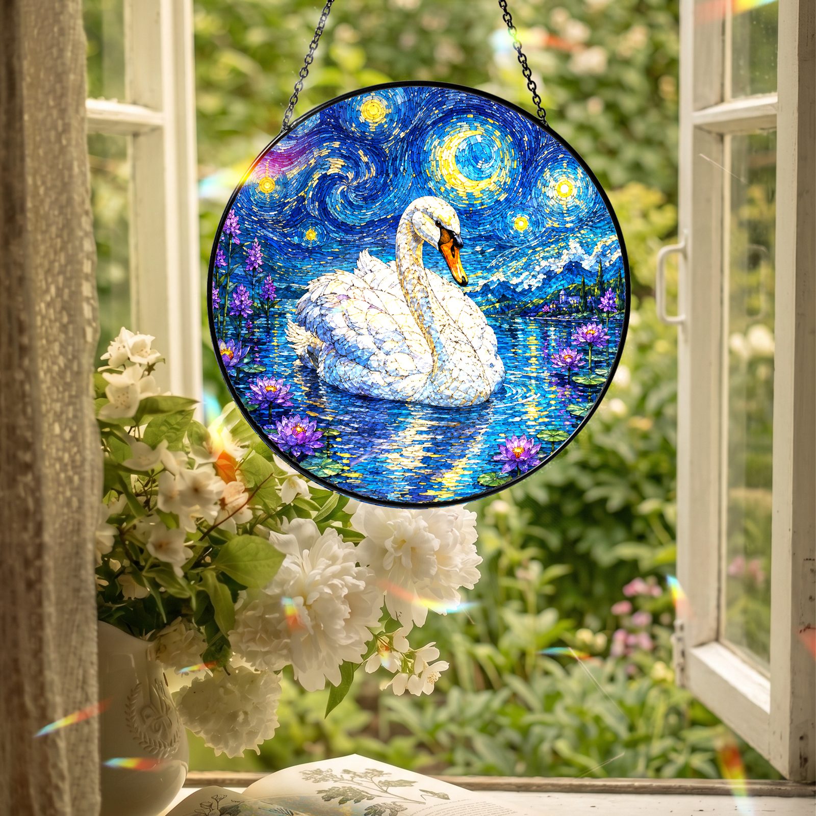 Swan suncatcher hanging in an open window