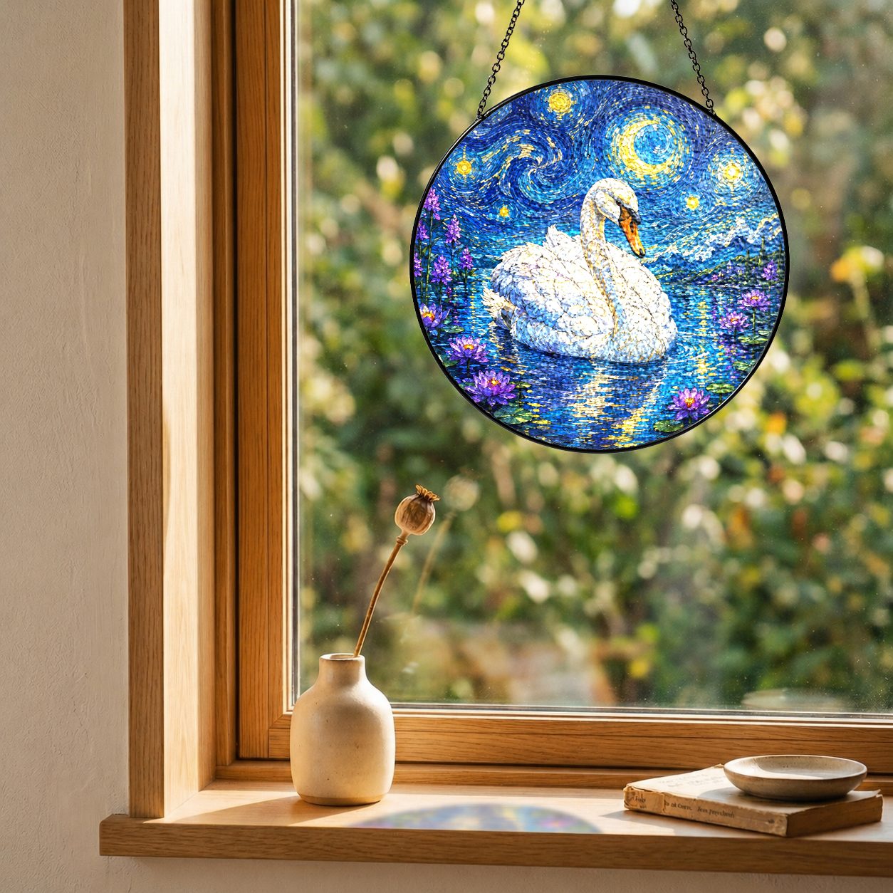 Swan suncatcher on a windowsill