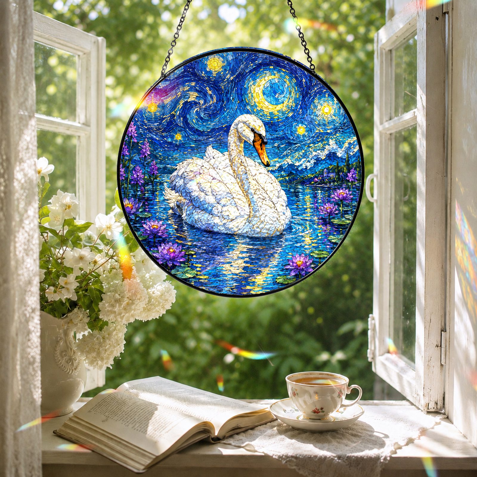 Swan suncatcher in a reading nook window