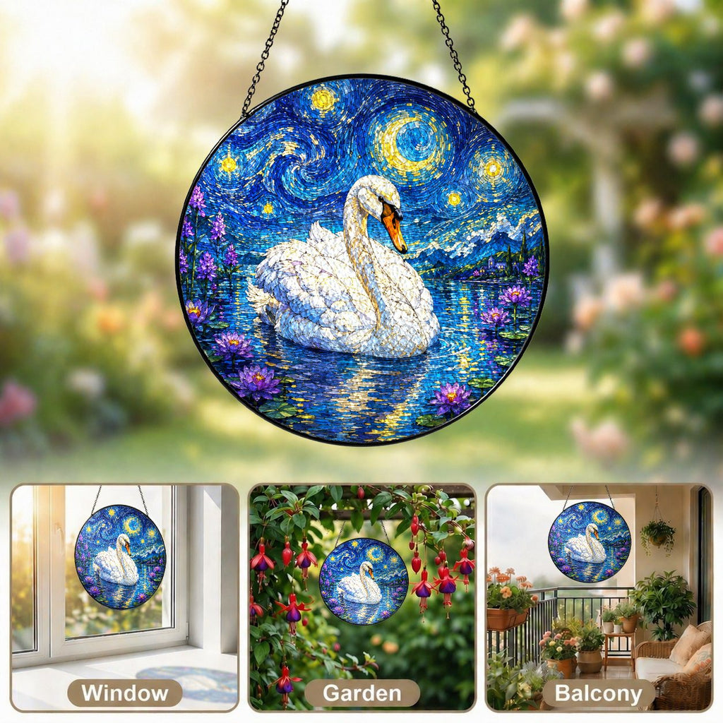 Swan suncatcher in window garden and balcony settings