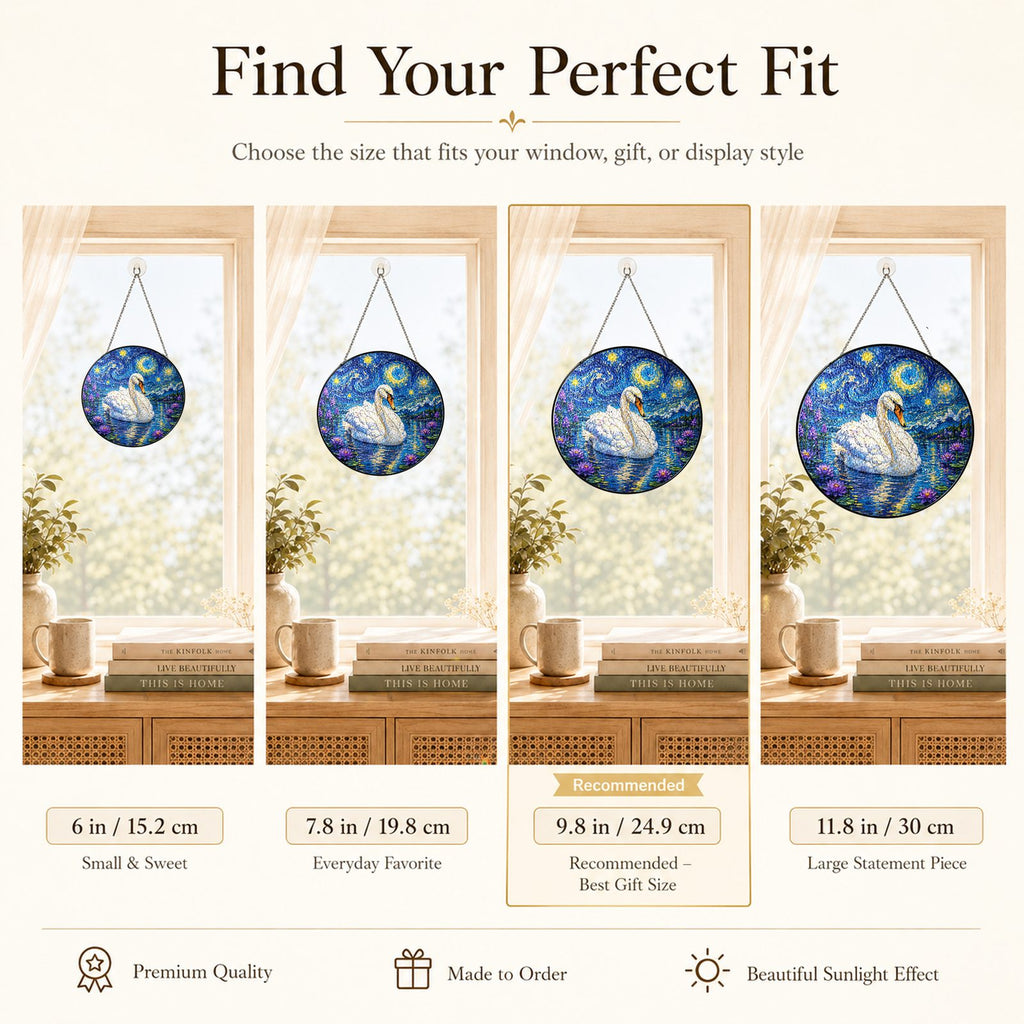 Size guide for the swan stained glass suncatcher