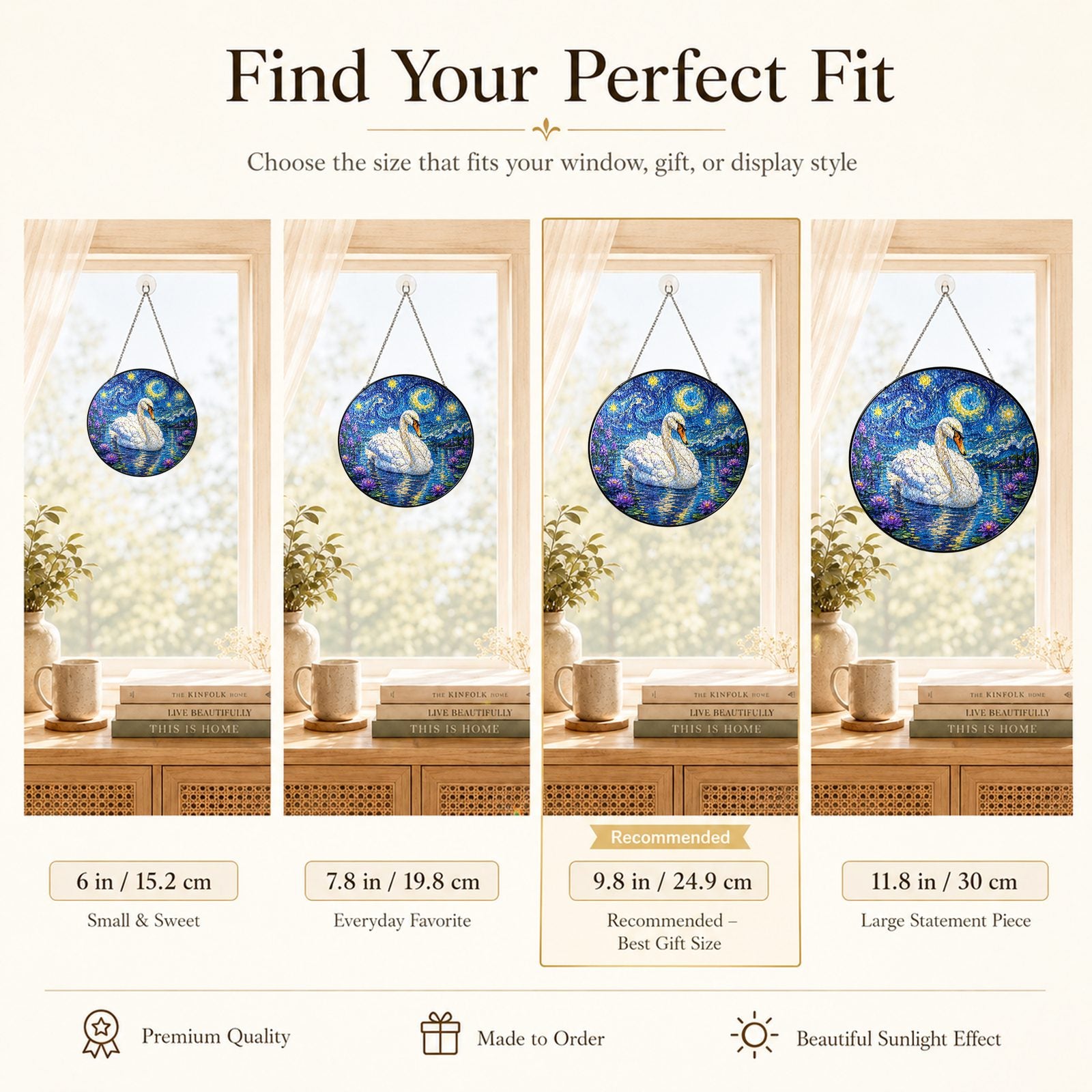 Size guide for the swan stained glass suncatcher