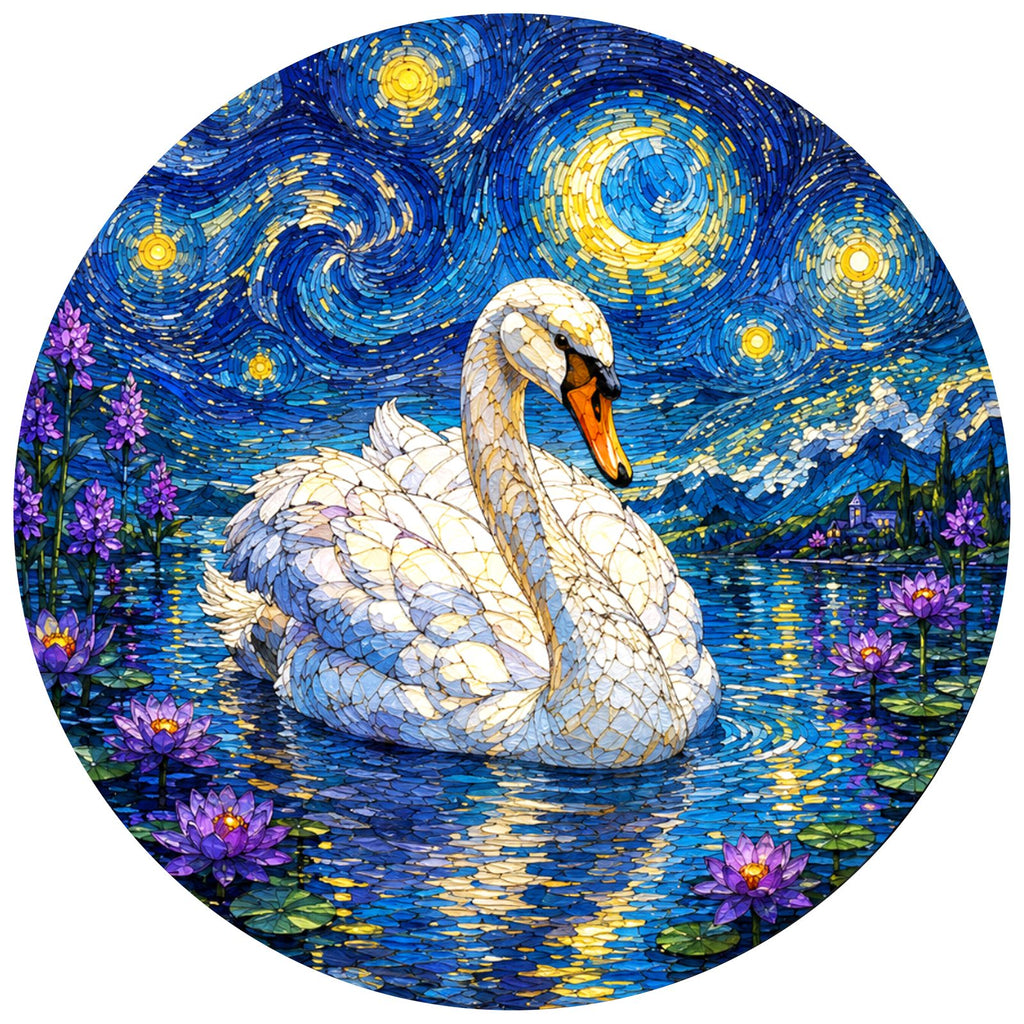 Full artwork of a white swan on a lily lake under a starry sky