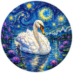 Full artwork of a white swan on a lily lake under a starry sky
