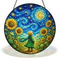 Starry Night child in a sunflower field stained glass suncatcher with chain