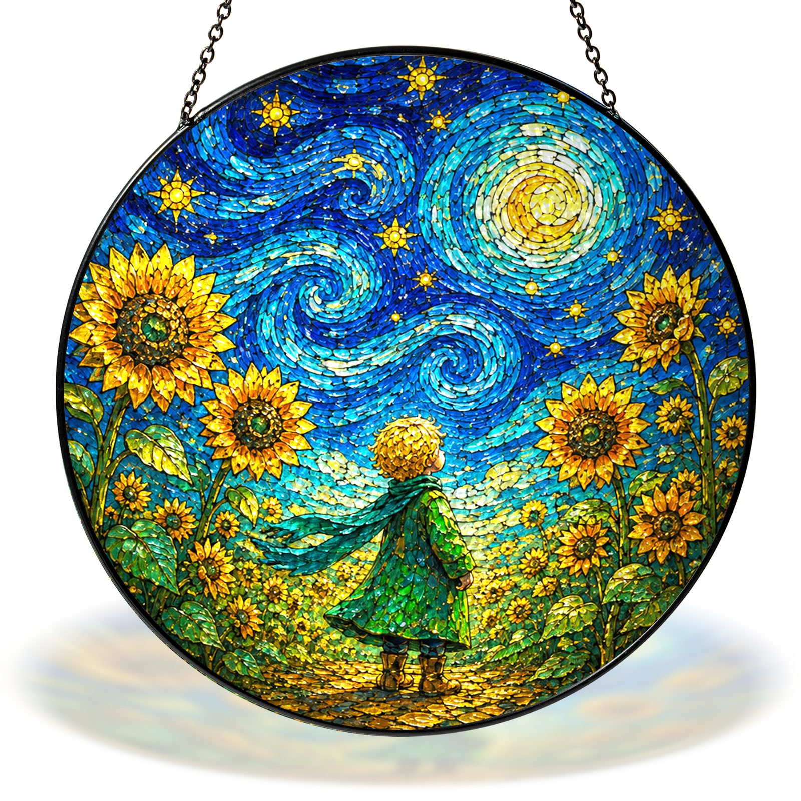 Starry Night child in a sunflower field stained glass suncatcher with chain