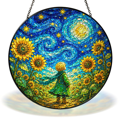 Starry Night child in a sunflower field stained glass suncatcher with chain