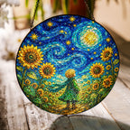 Child sunflower field suncatcher on a wooden table in sunlight