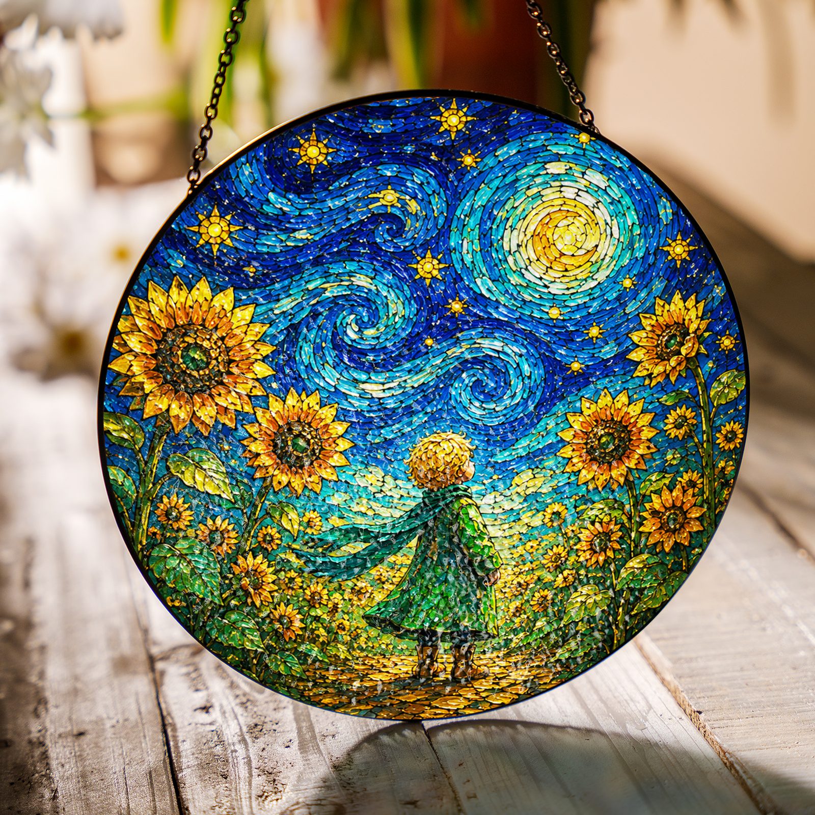 Child sunflower field suncatcher on a wooden table in sunlight