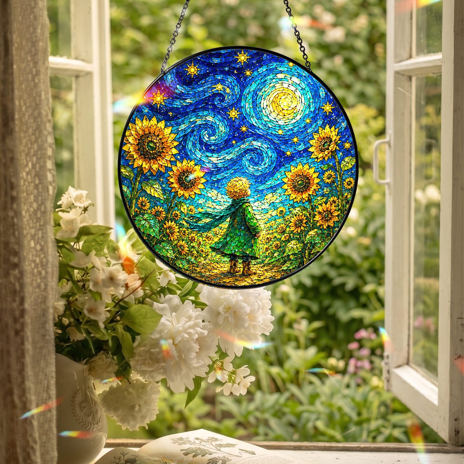 Child sunflower suncatcher hanging in an open window
