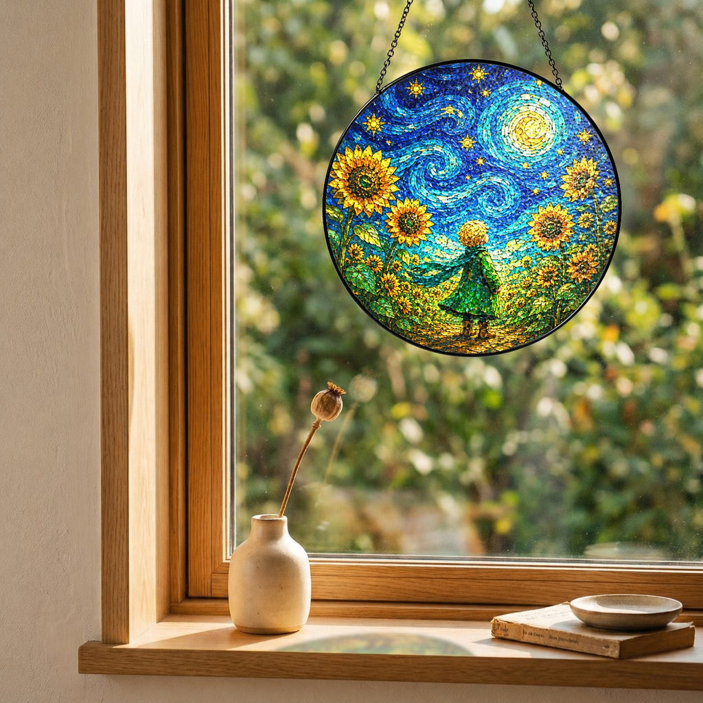 Child sunflower suncatcher on a windowsill