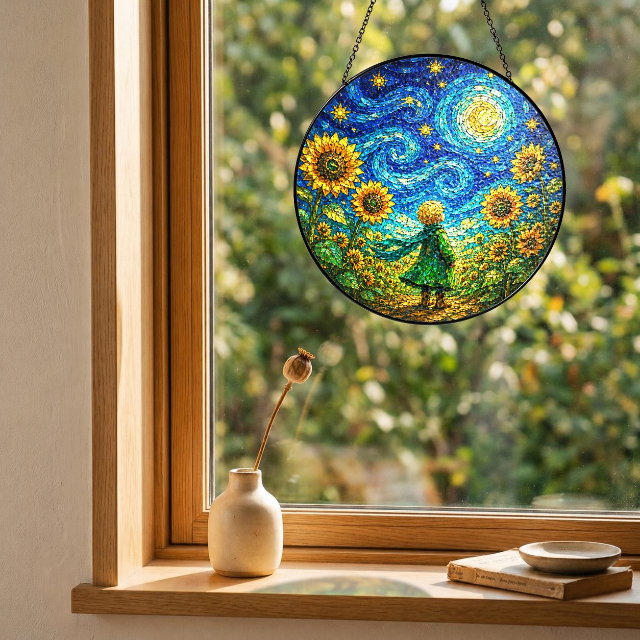Child sunflower suncatcher on a windowsill