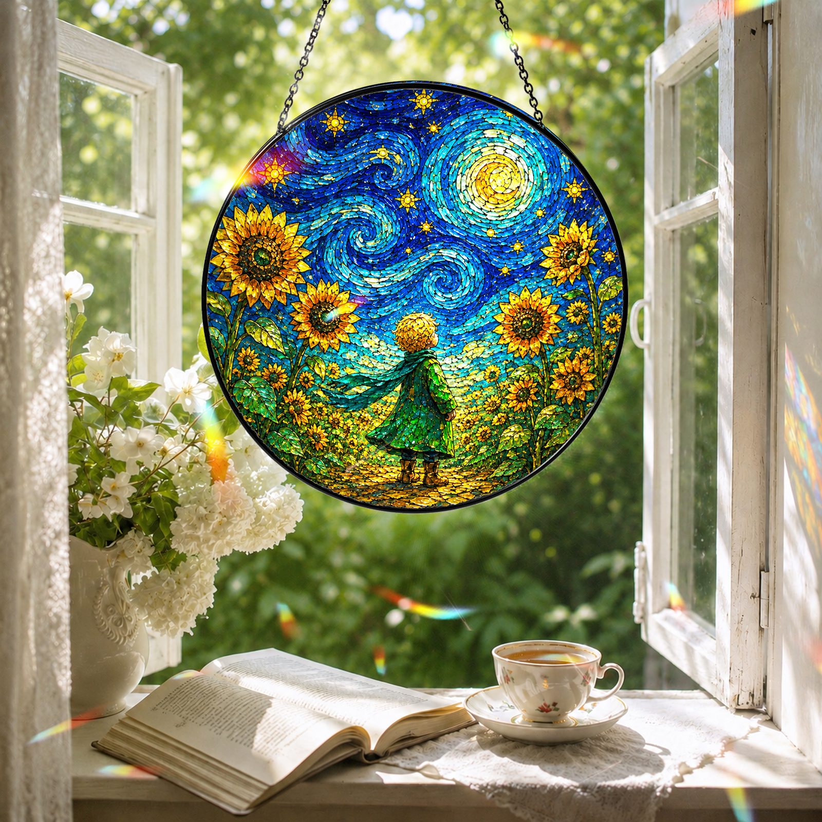 Child sunflower suncatcher in a reading nook window