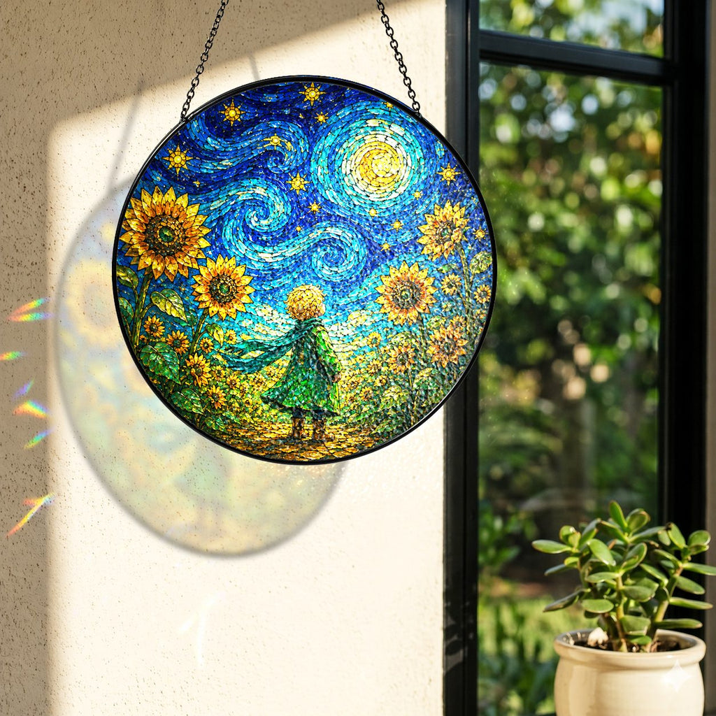 Rainbow light cast by the child sunflower stained glass suncatcher