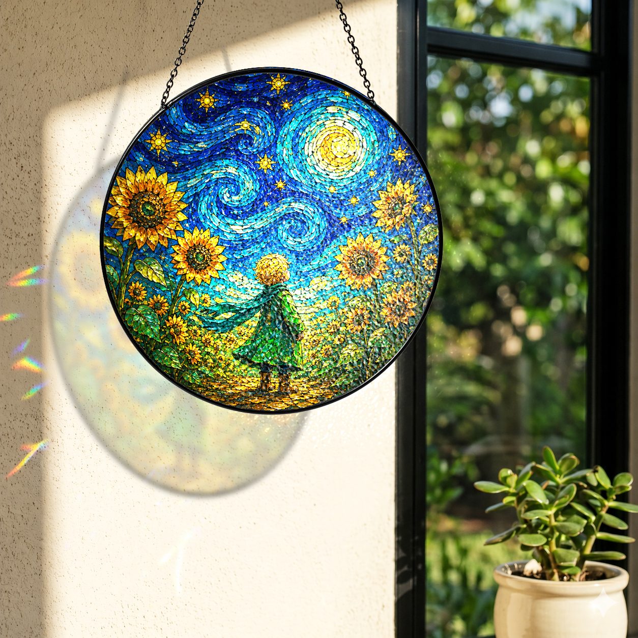 Rainbow light cast by the child sunflower stained glass suncatcher