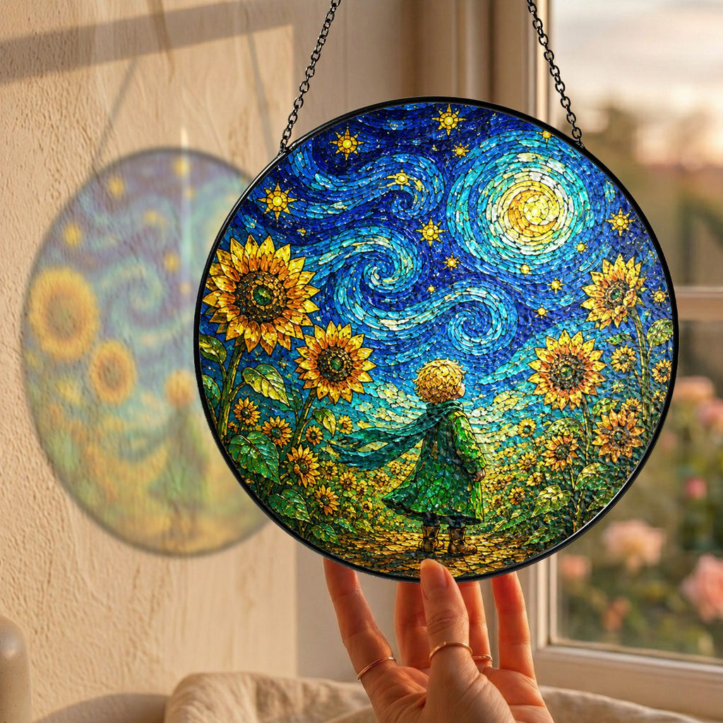 Hand holding the child sunflower suncatcher at a window