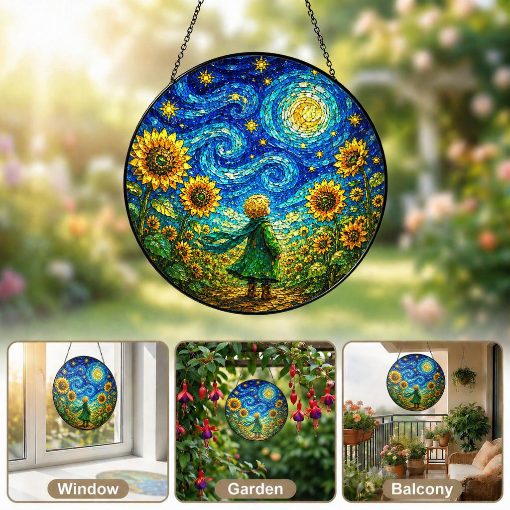 Child sunflower suncatcher in window garden and balcony settings