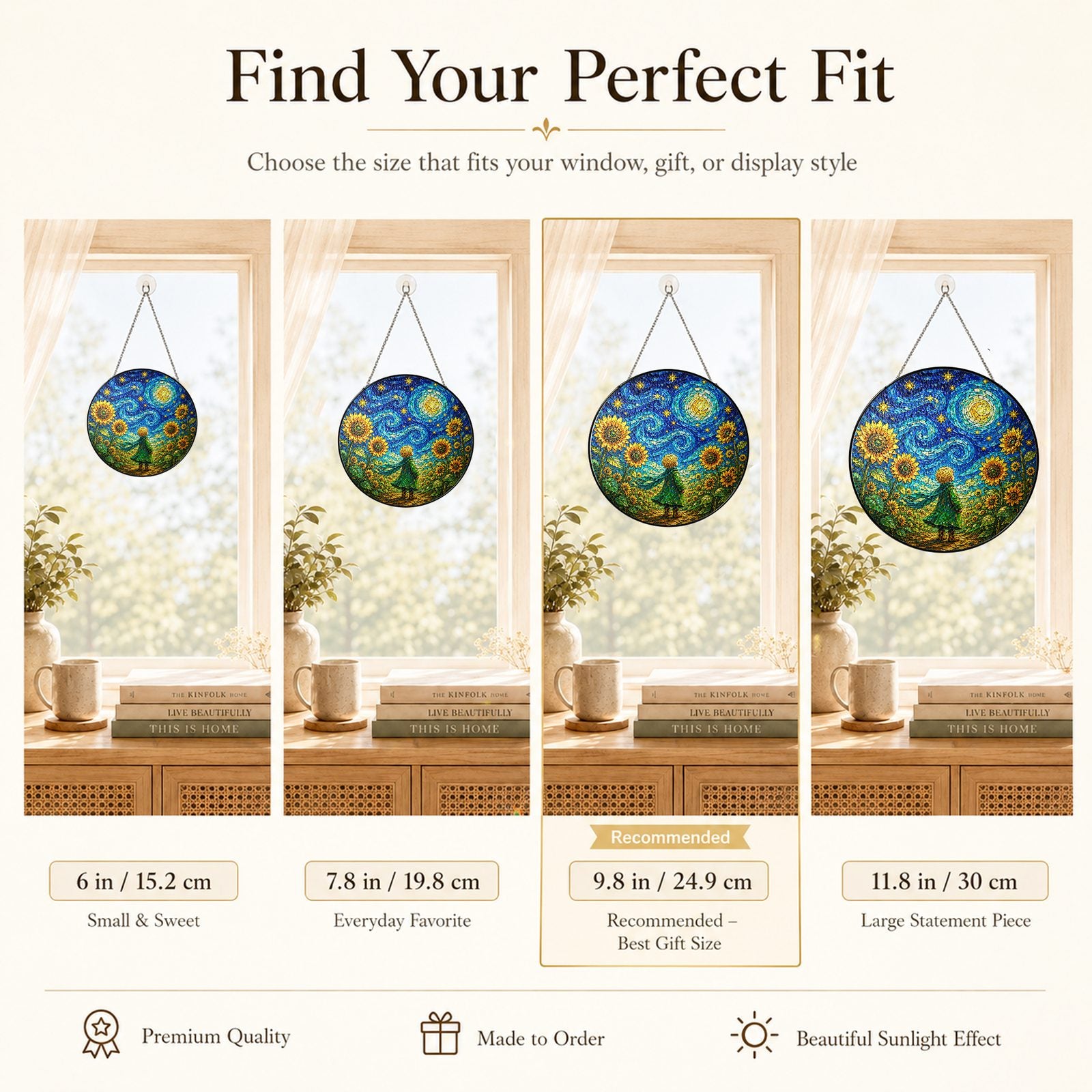 Size guide for the child sunflower stained glass suncatcher