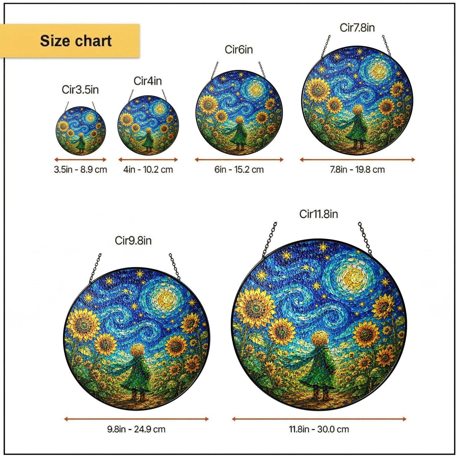 Size chart 6 in 7.8 in 9.8 in 11.8 in suncatcher
