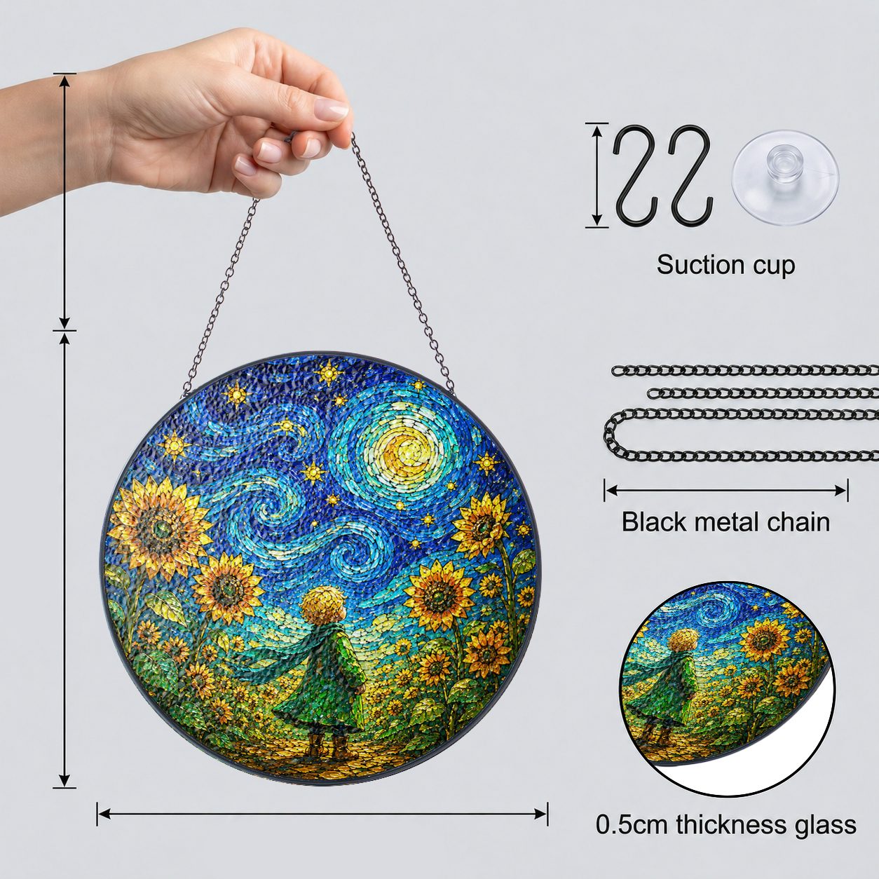 Suncatcher dimensions with chain suction cup and 0.5 cm glass