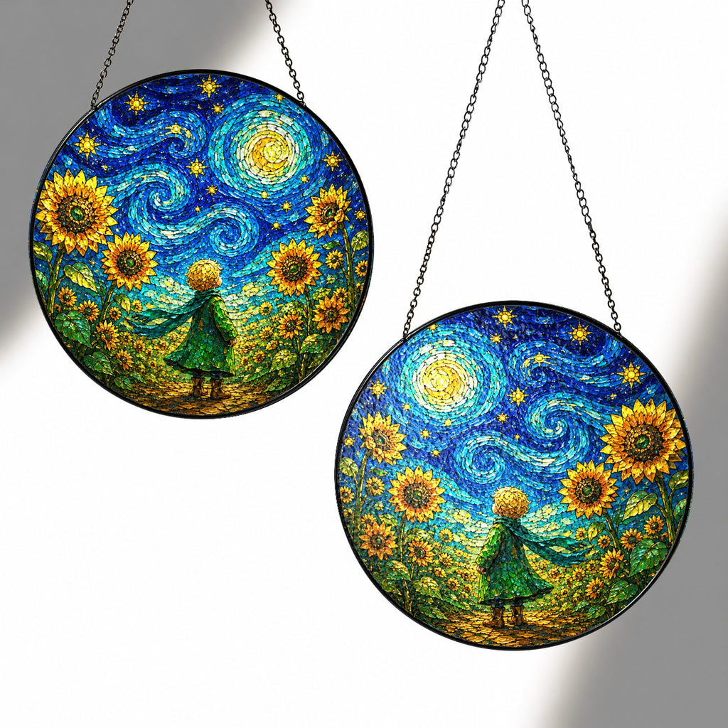 Two sizes of the child sunflower suncatcher side by side