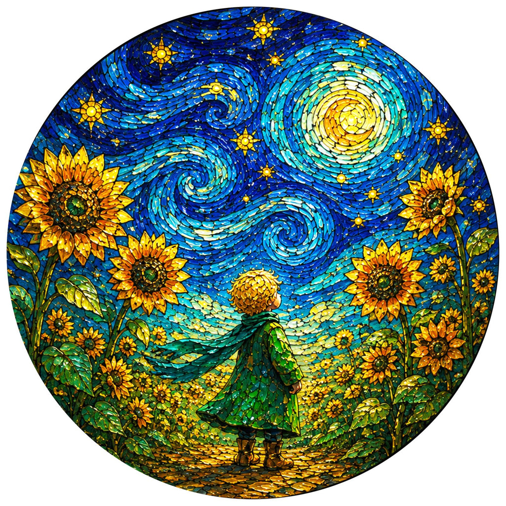 Full artwork of a child in a sunflower field under a starry sky