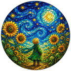 Full artwork of a child in a sunflower field under a starry sky