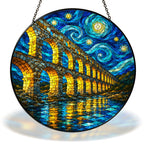 Starry Night stone aqueduct bridge stained glass suncatcher with chain