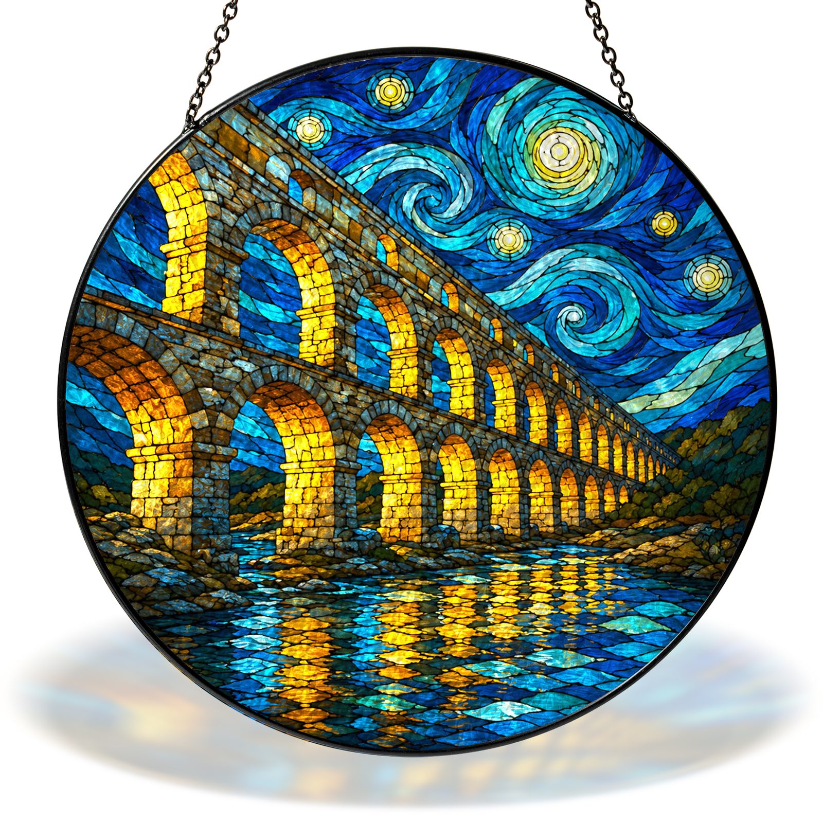 Starry Night stone aqueduct bridge stained glass suncatcher with chain